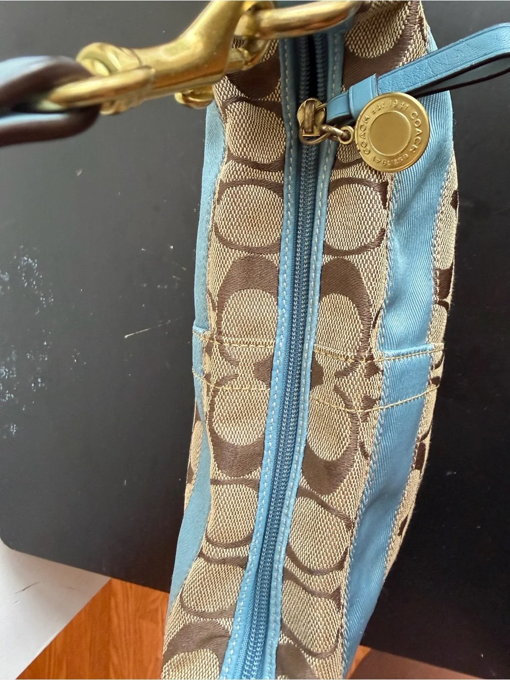 Vintage Y2K Coach 11206 Signature Stripe Demi Shoulder Bag Baby Blue 2007